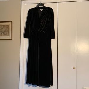 Black velvet faux wrap full length dress